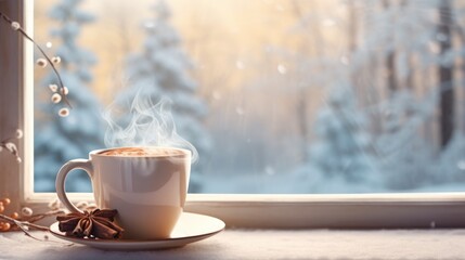 Steaming mug of hot cocoa on a wooden windowsill with a snowy landscape beyond