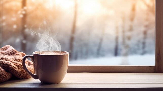 Steaming mug of hot cocoa on a wooden windowsill with a snowy landscape beyond