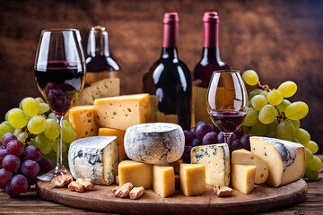 Naklejka premium Wine, cheeses and grapes in a vintage setup. Generative Ai.