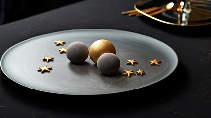  three eggs are on a plate with gold stars on it.  generative ai