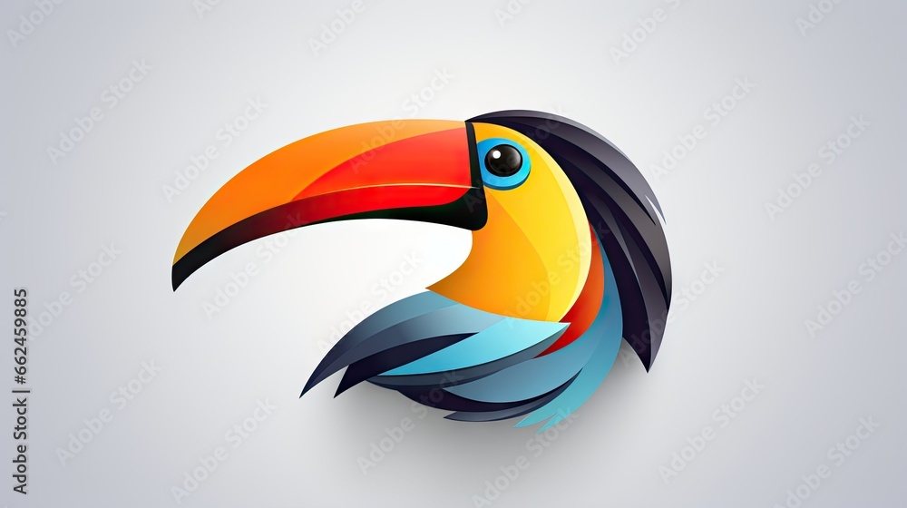 Poster a colorful toucan bird with a long beak on a white background. generative ai