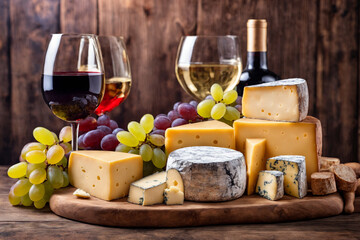 Wine, cheeses and grapes in a vintage setup. Generative Ai.