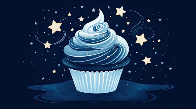  a cupcake with blue icing and stars on a blue background.  generative ai