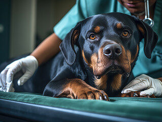 The veterinarian bent over a Rottweiler dog lying on the table. 