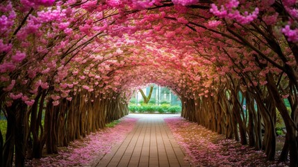  a pathway lined with trees and flowers in a park area.  generative ai