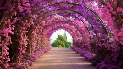  a walkway lined with purple flowers and trees in the background.  generative ai