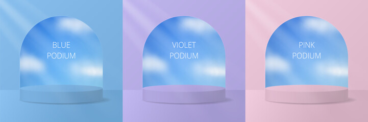 Blue, purple and pink podiums. Set of backgrounds with pedestals and arched windows. Product display. Cylinder, rays of light. Niche or alcove. Background with clouds on a blue sky.