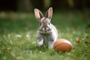 Cute little bunny and basketball ball on grass. Cute adorable rabbit.

