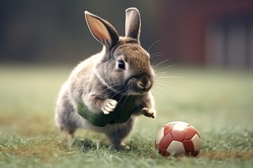 Rabbit and soccer ball on green grass. Easter holiday concept. Cute adorable rabbit.