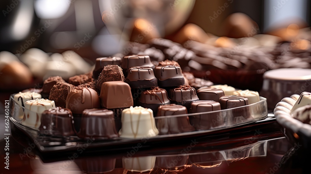 Poster a tray of chocolates on a table with other chocolates. generative ai