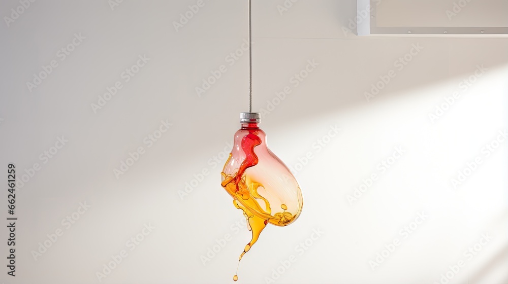 Poster a red and yellow object is suspended from a ceiling fixture. generative ai
