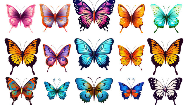 collection of different types of beautiful colorful butterflies on a transparent background 