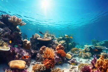 Fototapeta na wymiar underwater color reef and sun burnst