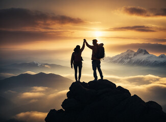 Teamwork concept with two man friend reach the mountain top