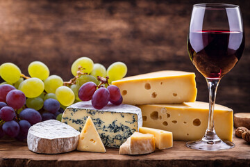 Wine, cheeses and grapes in a vintage setup. Generative Ai.