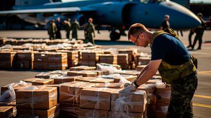 Sending humanitarian aid at a military airport - obrazy, fototapety, plakaty