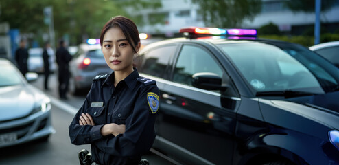 Asian woman working as police officer or cop, closeup portrait, blurred city with parked car near in background. Generative AI