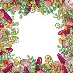 square frame with bright colored mushrooms and twigs. Pattern for fabric, wrapping paper, wallpaper. Vector illustration.