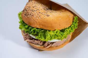 Various hamburgers, meat burgers for restaurant menu on white background. Isolated, close up view