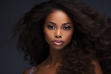 Beauty portrait of a black female model with flawless skin an beautiful hair. black background. black hair