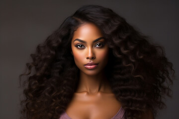 Beauty portrait of a black female model with flawless skin an beautiful hair. black background. black hair