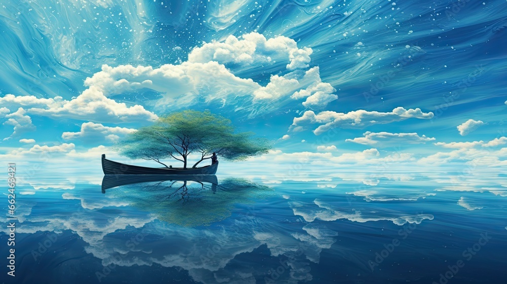 Poster a painting of a boat in the ocean with a tree in the foreground. generative ai