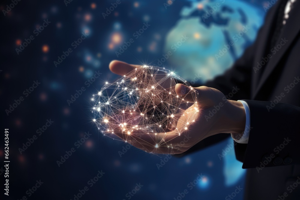 Poster man holding a global network concept in his hands. 3d rendering, close up of businessman hands touch