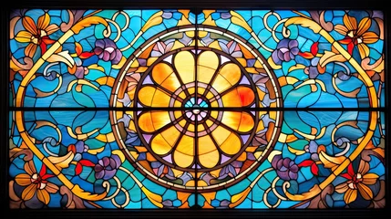 Photo sur Plexiglas Coloré  a stained glass window with a flower design on the glass.  generative ai