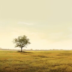  a painting of a tree in a field of yellow grass.  generative ai