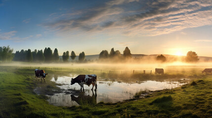 Dew-kissed Meadow at Dawn: A Panoramic Glimpse of Grazing Cows Amidst Morning Mist