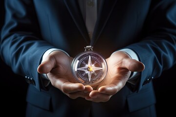 Businessman holding a compass in his hands. Close up view, Close up of businessman hand holding compass. Digital business concept, AI Generated