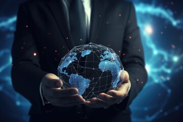 Close up of businessman holding in palms glowing earth globe. 3D rendering, Close up of businessman hands touching global network concept. 3D rendering, AI Generated - obrazy, fototapety, plakaty