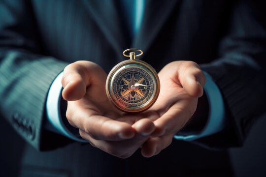 Businessman holding a compass in his hands. Close-up, Close up of businessman hand holding compass. Digital business concept, AI Generated