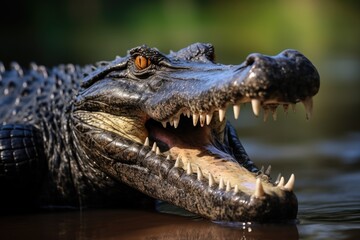 Fototapeta premium Crocodile in the water with open mouth and teeth, Closeup of a Black Caiman profile with open mouth against defocused background at the water edge, AI Generated