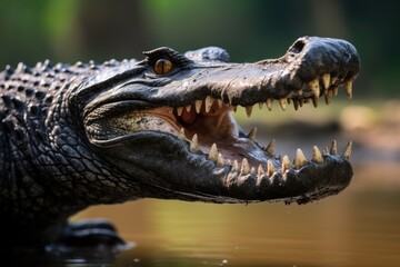 Obraz premium Crocodile with open mouth in natural habitat, Thailand, Closeup of a Black Caiman profile with open mouth against defocused background at the water edge, AI Generated