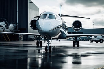 Airplane at the airport in cloudy day. Toned image,  Closeup of a business jet parked outside,  AI Generated