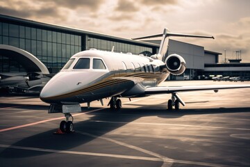 Airplane on the runway of an airport. Selective focus, Closeup of a business jet parked outside,  AI Generated