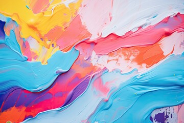 Abstract background of acrylic paint in blue, orange, pink and yellow colors, Closeup of abstract rough colorful multicolored art painting texture, AI Generated