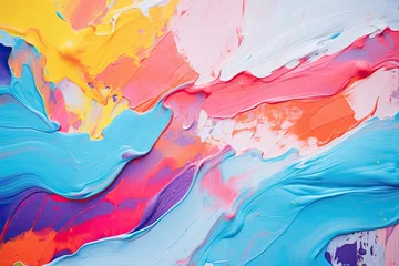Fotobehang Abstract background of acrylic paint in blue, orange, pink and yellow colors, Closeup of abstract rough colorful multicolored art painting texture, AI Generated © Iftikhar alam