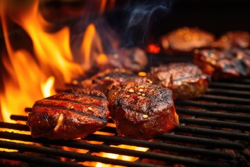 Beef steaks on barbecue grill with flames and smoke closeup, Closeup of barbecues cooking grilling on charcoal, top section cropped, AI Generated