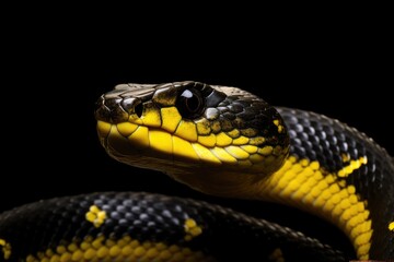 Fototapeta premium Close up of the head of a yellow snake on black background, Closeup of wild black yellow snake isolated on fl, AI Generated