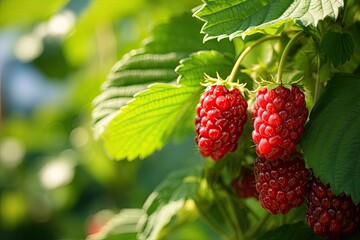 Ripe red raspberries on a branch with green leaves, closeup of loganberry plant with ripe loganberries growing in organic garden, AI Generated