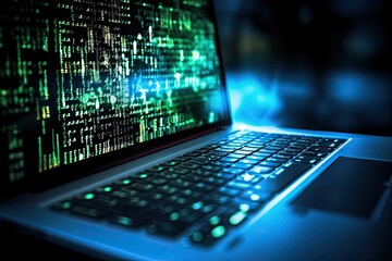 Close up of laptop with binary code on screen. 3D rendering, Coding programming developing typing script source languages symbols project data showing in screen close up, AI Generated