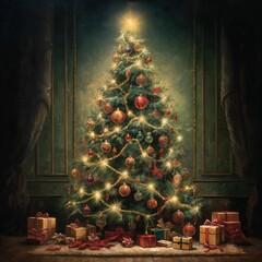 Christmas tree in oil painting. Generative  AI 