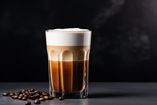 Coffee latte in a tall glass with coffee beans on a dark background, Coffee with milk in a glass on a gray background, AI Generated