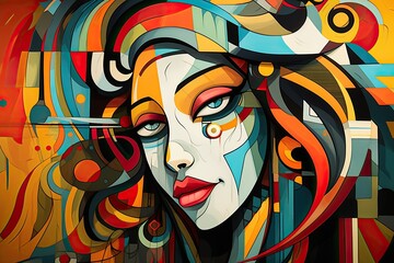 Abstract colorful illustration of the face of a beautiful woman on a colorful background, Colorful illustration of cubism style, hand drawn & artistic, AI Generated