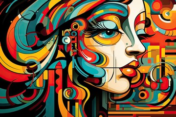 Vector illustration of beautiful woman face on colorful background with abstract elements, Colorful...