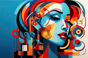 Abstract illustration of a beautiful woman's face on colorful background, Colorful illustration of cubism style, hand drawn & artistic, AI Generated