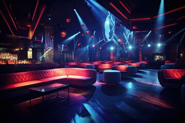 Interior of a night club with red sofa and lights. 3D rendering, colorful interior of bright and beautiful night club with dark seats and glowing lights, AI Generated - obrazy, fototapety, plakaty
