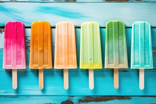Colorful popsicles on blue wooden background - vintage effect style pictures, colorful popsicle ice cream on turquoise wooden background, AI Generated